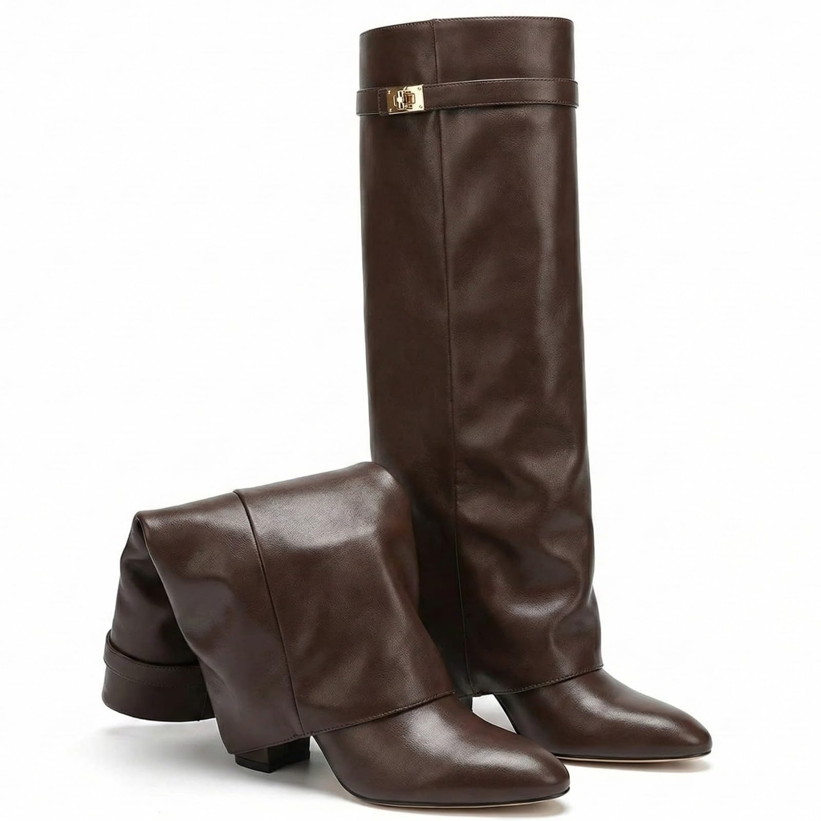 Womens Knee High Boots Leather Fold Over Pointed Toe Gold Buckle Stacked Heel Dress Casual Slouchy Mid Calf