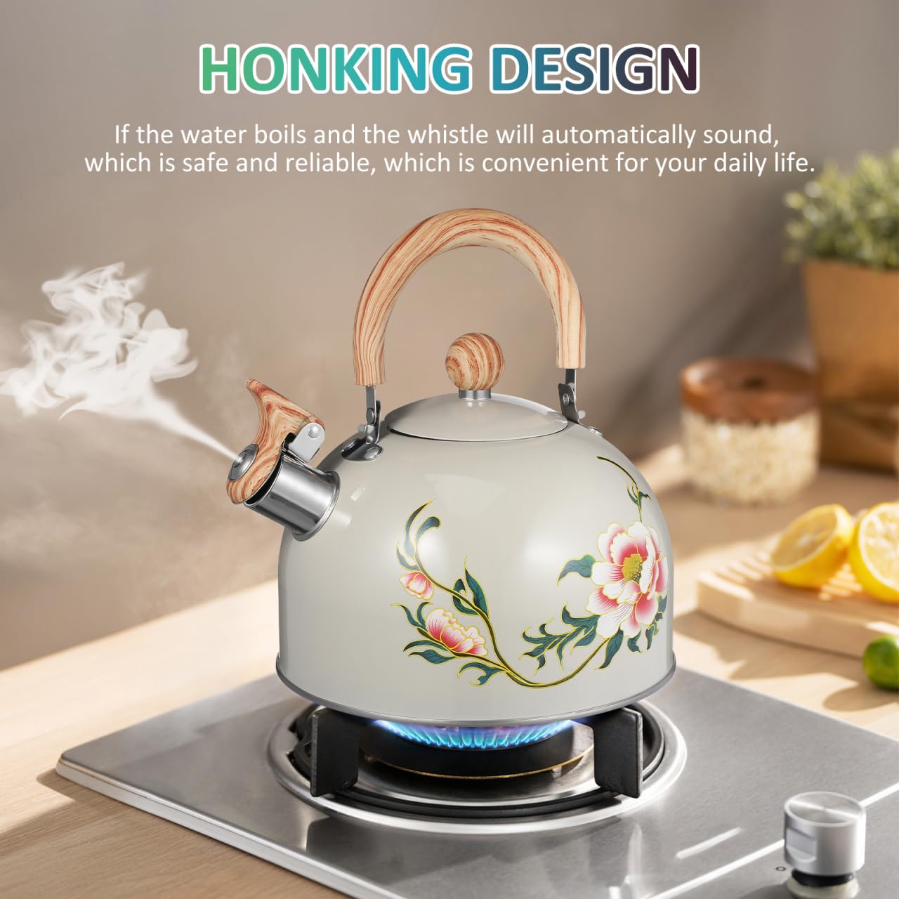 Ciieeo Tetera silbante, hervidor de té de acero inoxidable silbante de 3 litros, hervidor de té con patrón de flores, hervidor de agua caliente, tetera de inducción para cocina del hogar