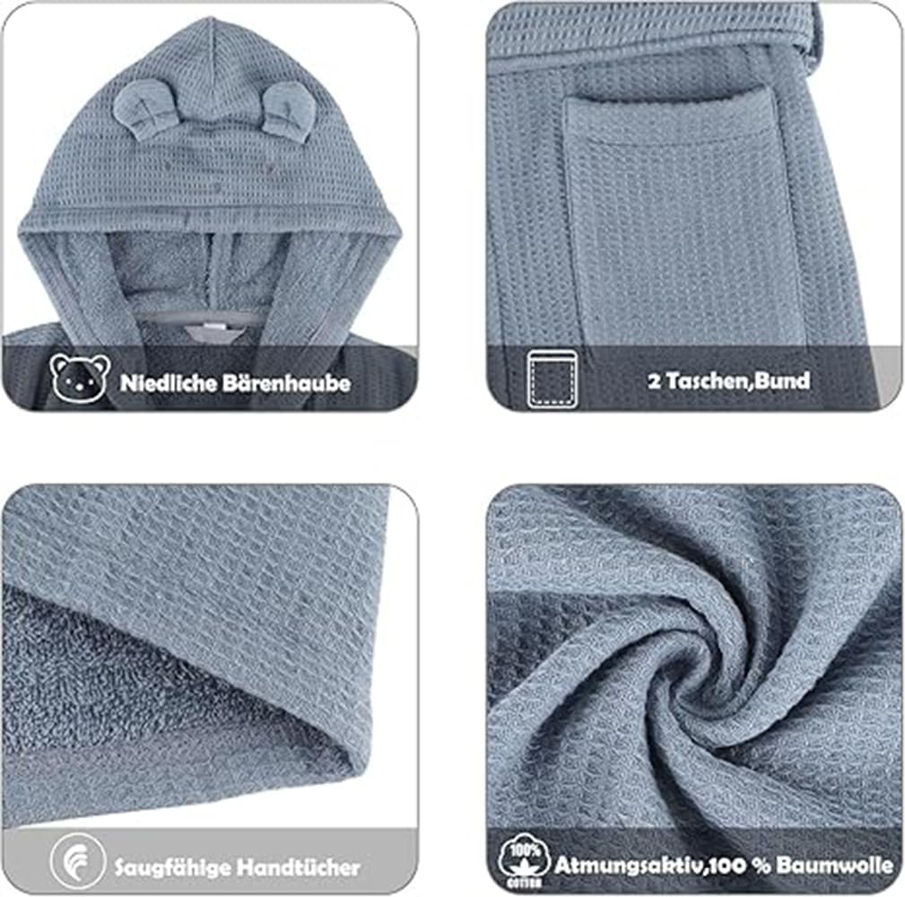 Kids Hooded Bathrobe 100% Cotton Pajama Robe, Boys and Girls Soft Towel Morning Gown, 2-12 Spa Toddler Long Bathrobe
