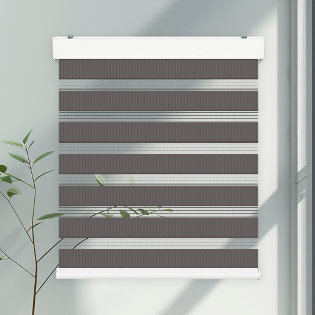 FOIRESOFT Custom Cordless Light Filtering Zebra Blinds [Morning, Dark_Grey, W 20-90 x H 10-78 inch] Windows Sheer Shades for Day and Night Light Control, Gentle Moving Dual Layer