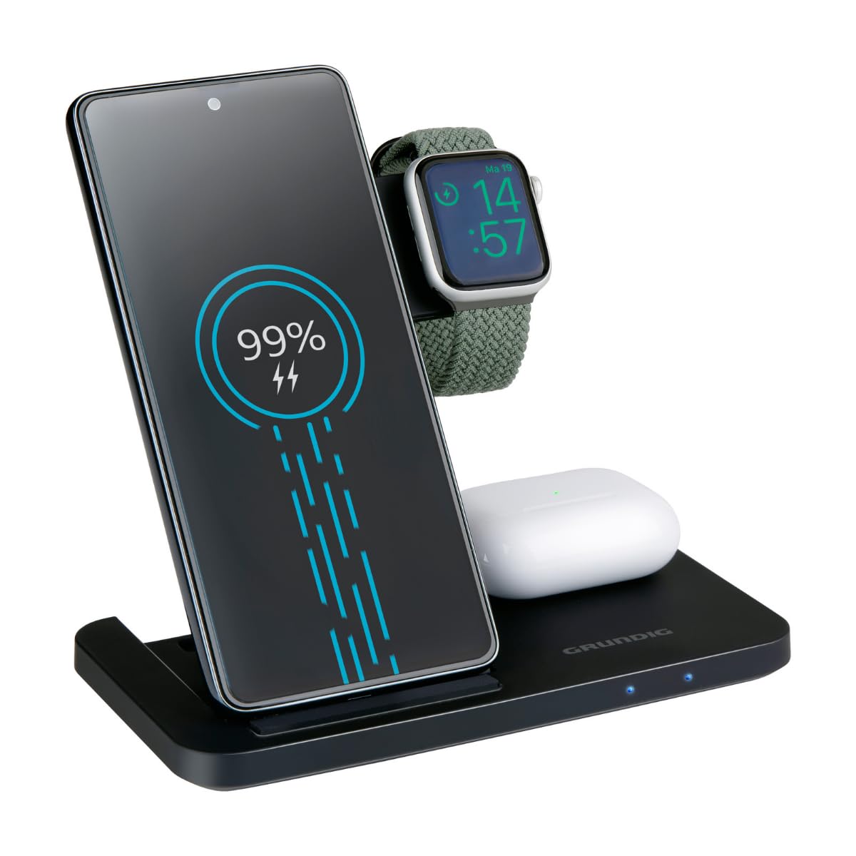 Grundig 3-in-1 Wireless Charging Station with a smartphone, smartwatch, and earbuds charging.