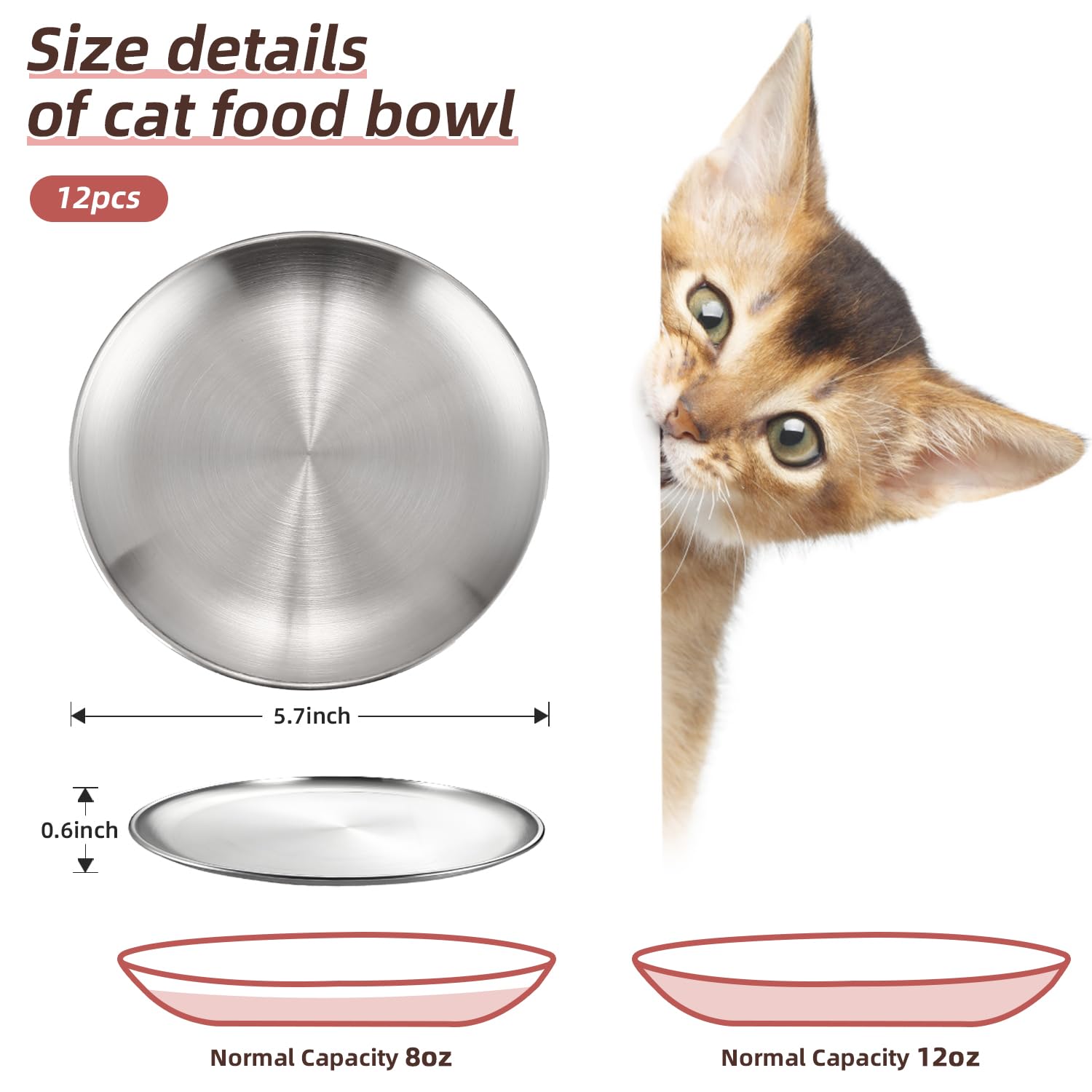 12 ciotole per cibo per gatti in acciaio inox, piccole e piatte da 17 cm, perfette per gattini, gatti, furetti, gatti randagi