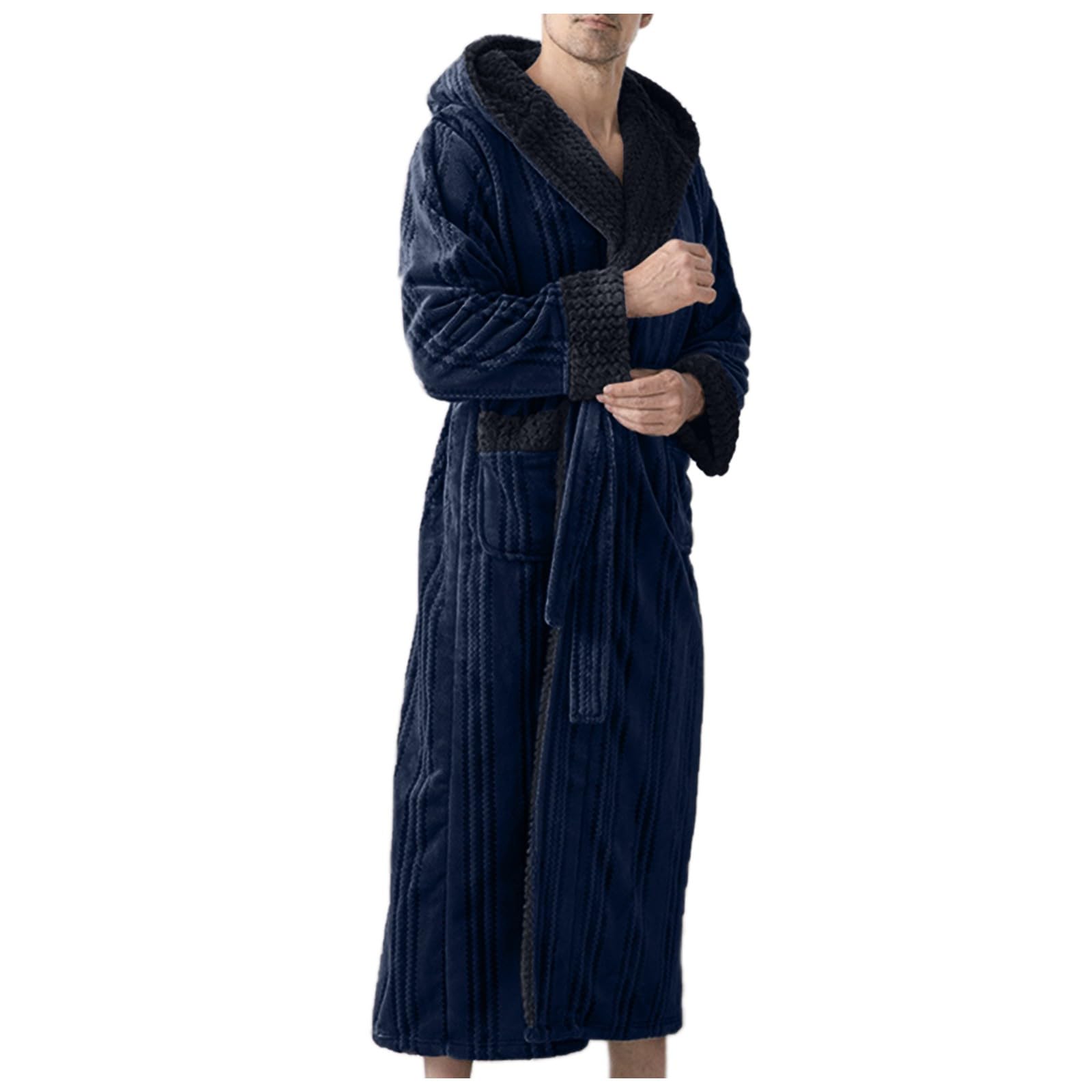 Accappatoio da uomo, kimono, con scollo a V, tinta unita, in pile, lungo, soffice, con cappuccio, in spugna, con motivo a griglia