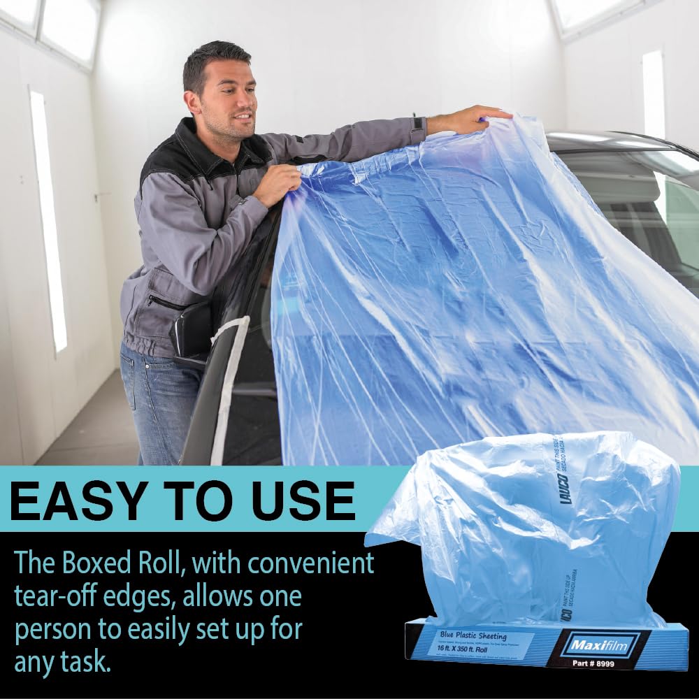 MAXIFILM 16ft x 350 ft Roll of Blue Overspray Paintable Plastic Sheeting - 8 Micron, 0.3 Mil, Protective Corona Treated Masking Film Cover - Auto Car Painting, Bodyshop Repair, House Paint Cloth