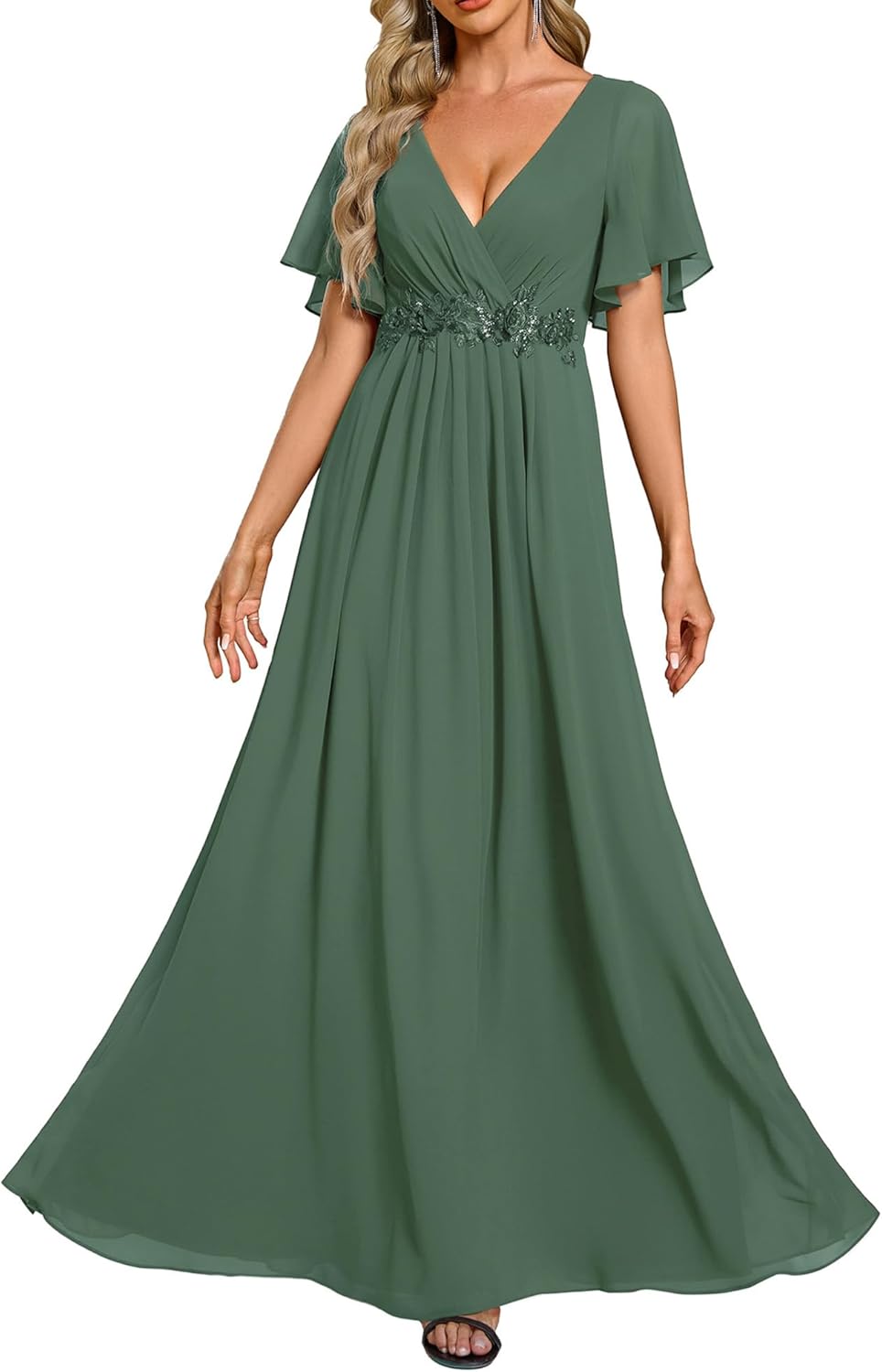 Ever-Pretty Women's Chiffon V-Neck Mother of Bride Dresses A-Line Ruched Short Sleeves Appliques Bridesmaid Dress Formal Gown