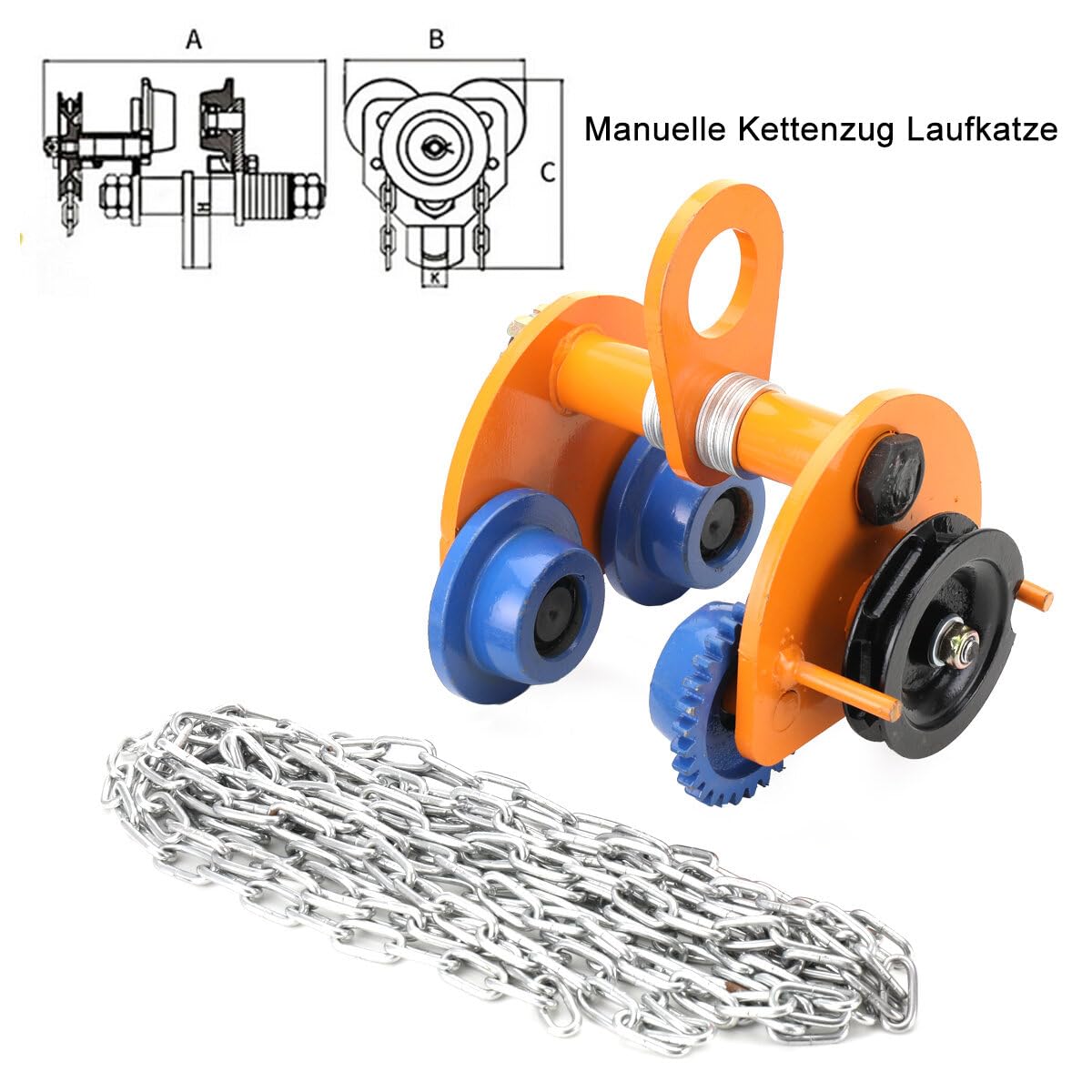 Laufkatze 2000kg Tragkraft Rollfahrwerk mit Doppelrädern, für I-Strahlbreite 94-124mm, Manuelle Kettenzug Laufkatze mit 3m Ketten