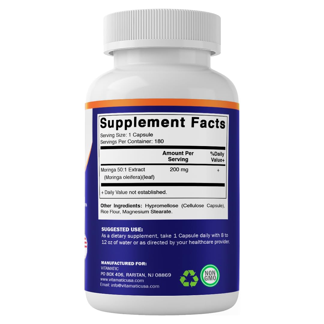 Vitamatic Moringa Extract – Plant-Based Capsules with Moringa Oleifera Leaf Powder – Green Superfood Supplement – Vegetarian, Non-GMO, Made in the USA – 180 Capsules — Amazon image 8