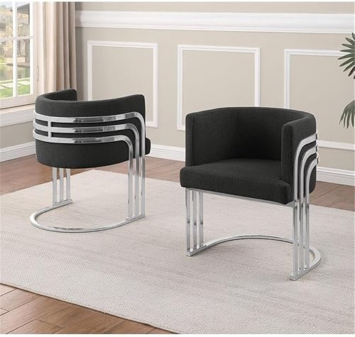 Miniatura 2 de Best Quality Furniture Silla auxiliar moderna de tela de peluche con patas cromadas, color negro, elegante diseño de barril con marco plateado,