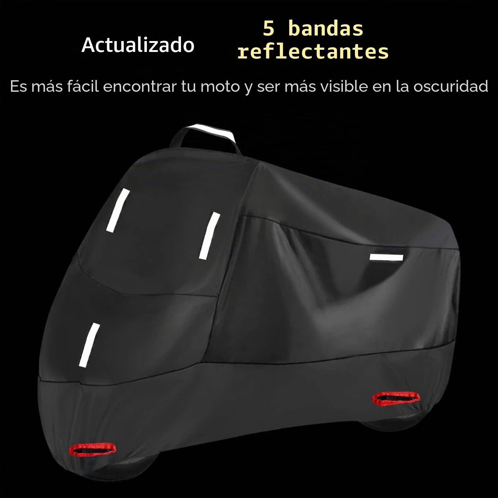 Funda Moto Impermeable para Exterior Interior, 300D Cubierta de Motocicleta Scooter Moped con 5 Tiras Reflectantes y 2 Orificios para Cerradura, 2 Hebillas de fijación (L: 220 x 95 x 110 cm)
