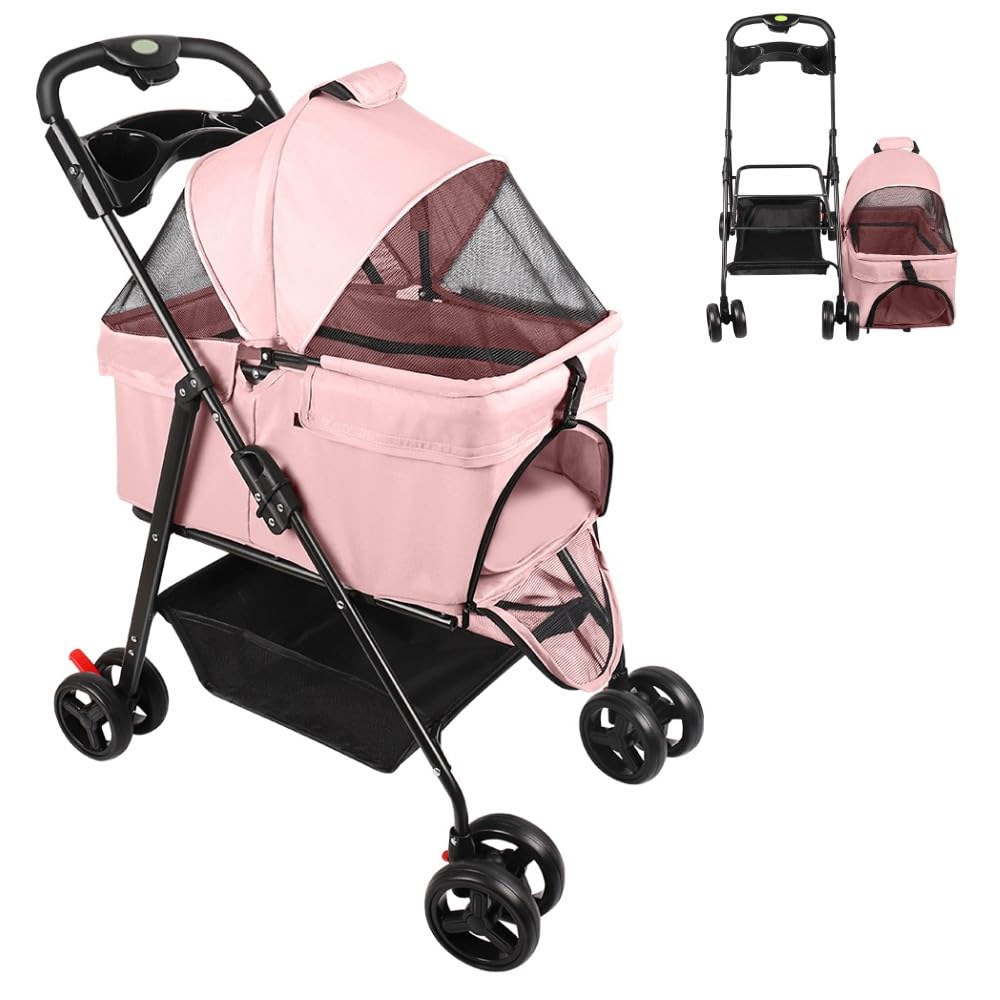 OHMG 3 in 1 Buggy faltbar Hund Katze Aufbewahrungskorb Getränkehalter Stoff 600D Oxford wasserdicht 4 Räder verschleißfest 360° Fenster aus Netz, Getränkehalter
