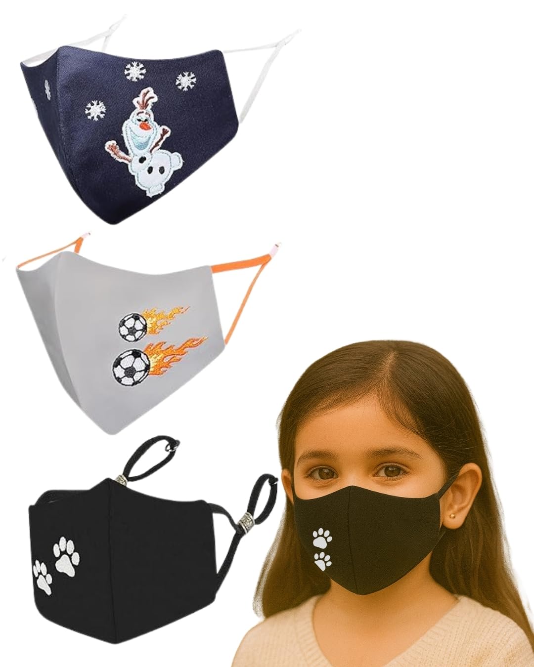 MASQ By Q-One Fun 4 Layer, Reusable, with Lanyard & Ear Adjusters, Anti-Bacterial BFE>99% Embroidered Cotton Cloth Face Mask (Multicolour, Without Valve, Pack of 3) for Kids - 7-12 Years