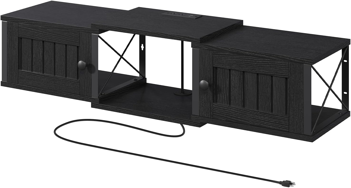 Farmhouse Floating TV Stand with Power Outlet, Wall Mounted Entertainment Center with Doors, Floating Media Console Cabinet with Storage, for Living Room, Bedroom, Black TVBK401E01 - Image 9