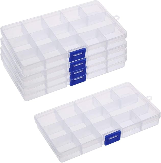 BELIOF 5 Packs Jewellery Storage Box 15 Compartments Plastic Earring Bead Storage Box Organizer with Adjustable Dividers for Small Items Ring Diamonds BeadsWhite
