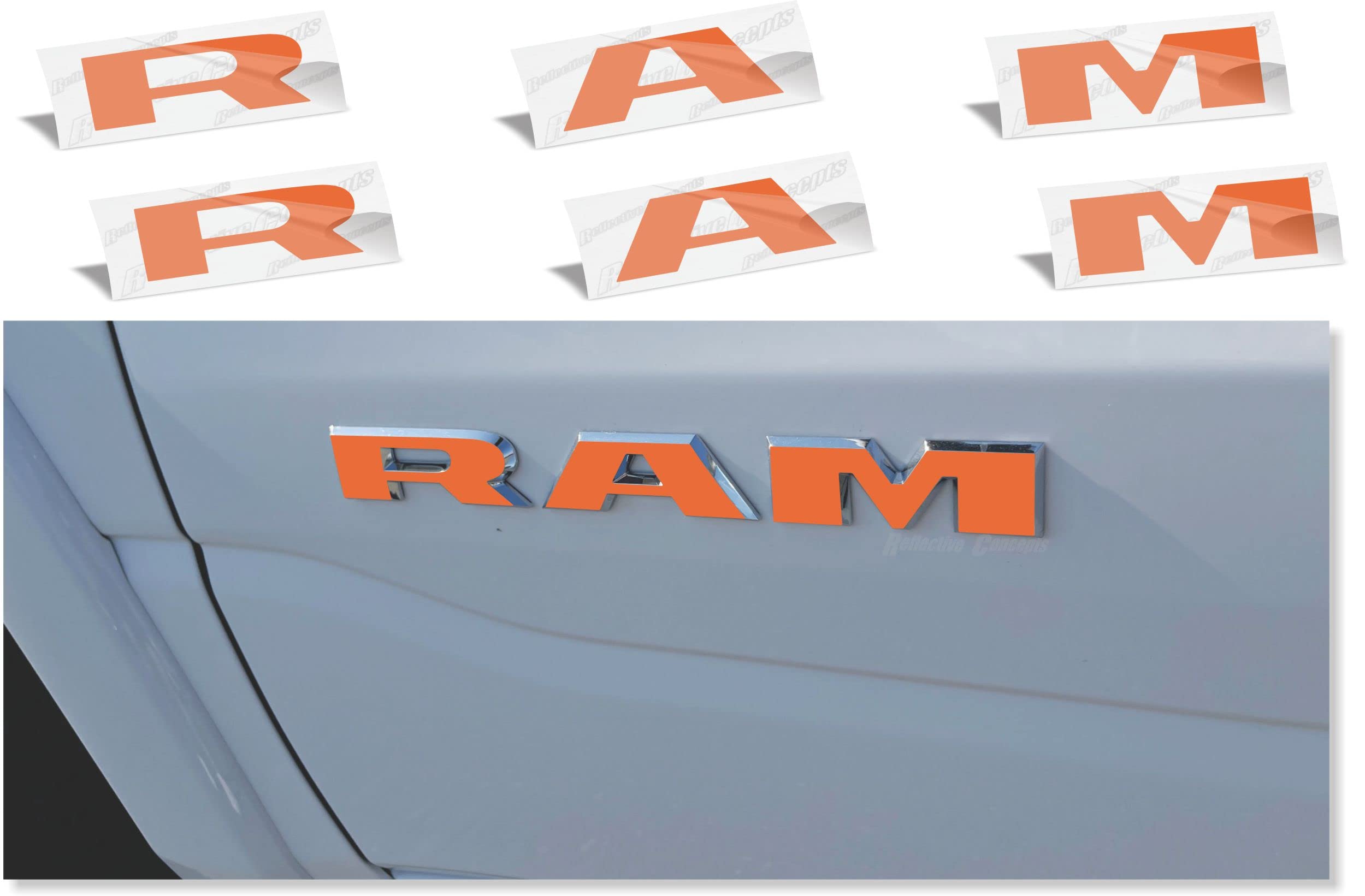 Reflective Concepts 2019-2024 RAM Door Emblem Overlay Decal Stickers - (Color: Reflective Orange)