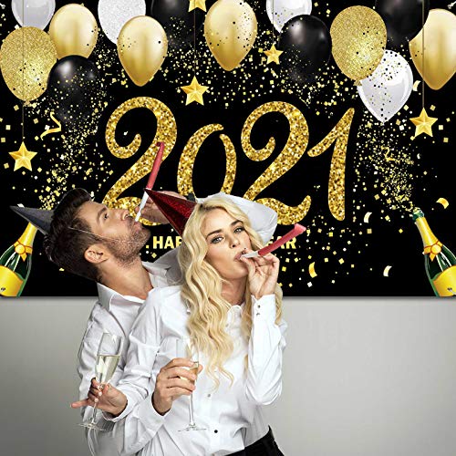 2021 Happy New Year Photograph Backdrop Decoration Black and Gold Happy New Year\'s Eve Banner Fabric New Year Background with Glitter Balloon Star for New Year Party Celebration, 72.8 x 43.3 Inch