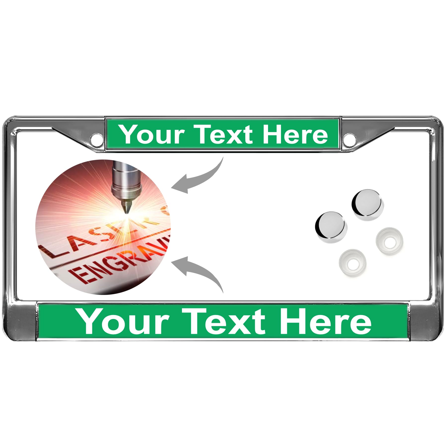 Custom Chrome Metal Standard Car License Plate Frame - Green/White Text