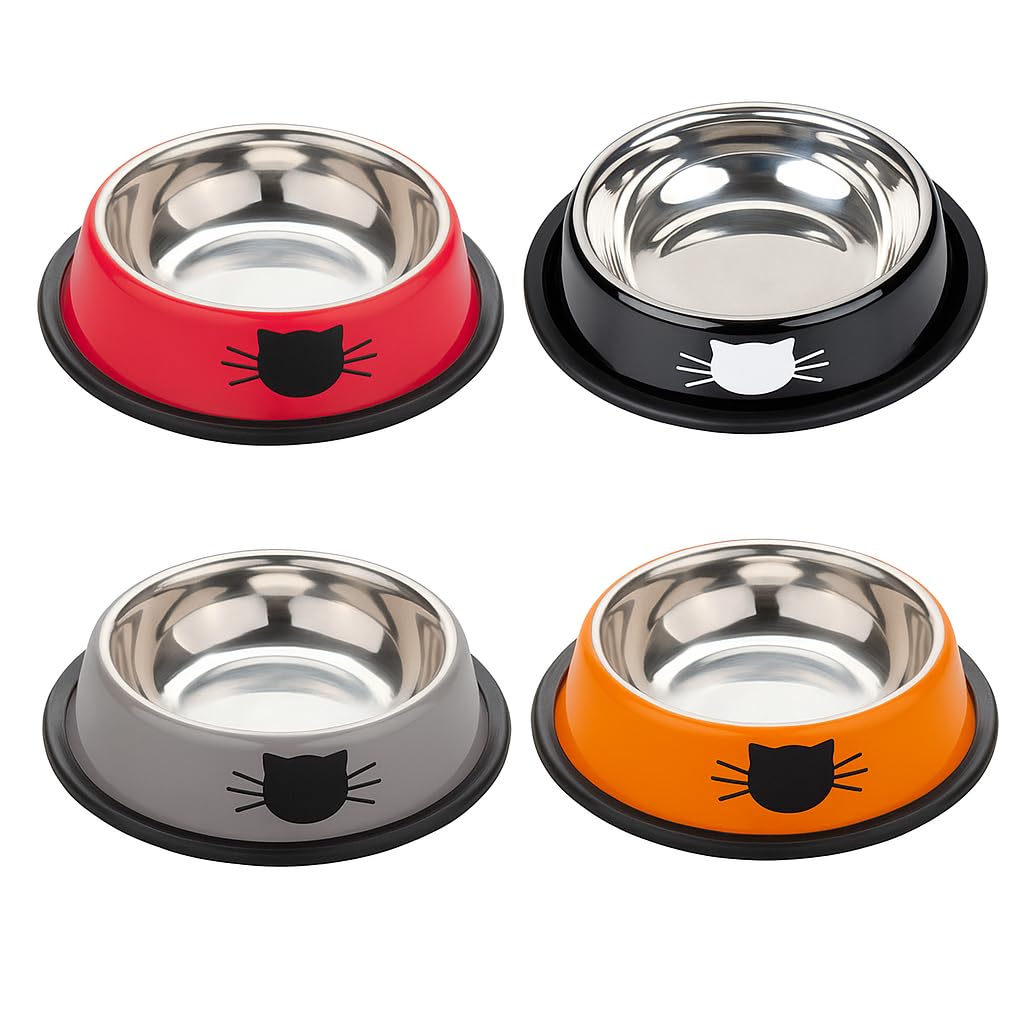 Anti Skid,Non-Slip Cat Feeding Bowl for Kitten, Stainless Steel Cat Bowl, Pack of 4 (240ml, Grey, Red, Orange & Black)