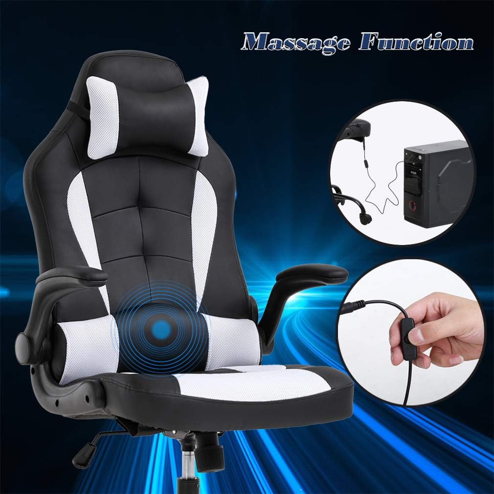 Massage Gaming Chair Office Chair Ergonomic PU Leather Desk Chair with Lumbar Support, Headrest, Flip-Up Armrests, and Swivel Rolling Base, Ideal for Women Adults, White