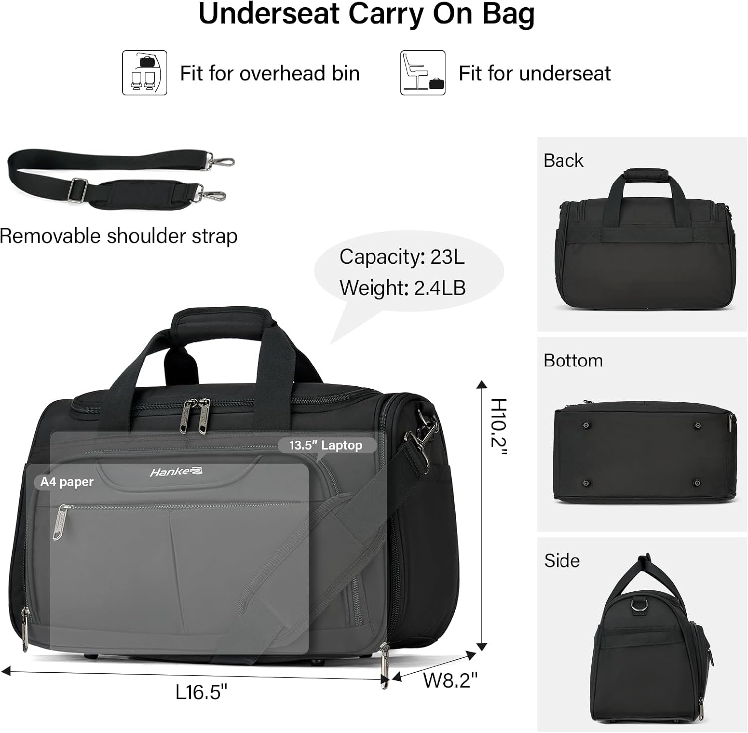 Hanke Underseat Carry On luggage Bags for Travel, Foldable Travel Bags for Women, Soft Lightweight Personal Item Travel Bag Small Carry On Bags for Airplanes, Travel Tote Bags for Women Men.（Black） - Image 2