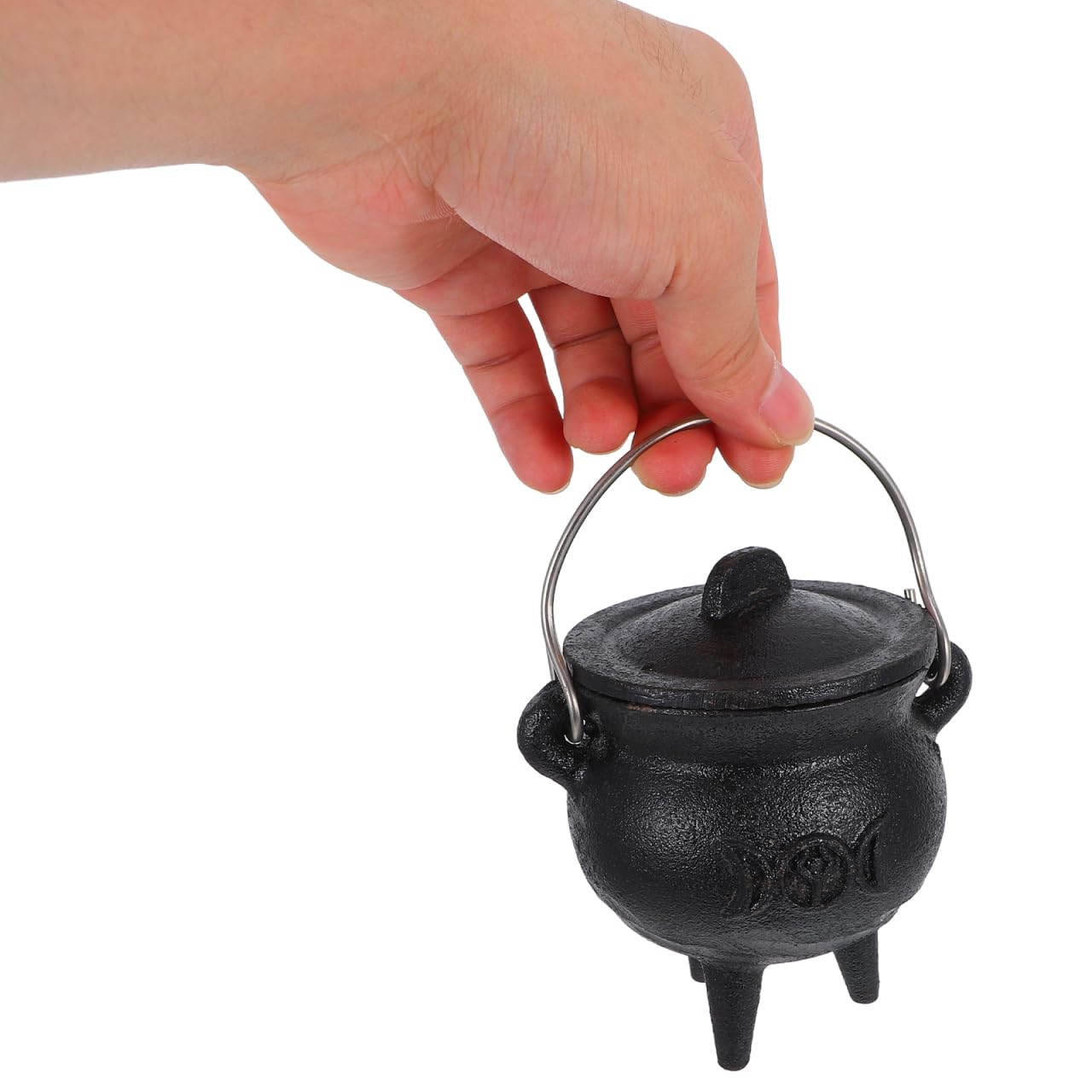 DOITOOL Mini caldero de hierro fundido con tapa y asa, olla de bruja de Halloween de 4 pulgadas con tapa para decoración de Halloween o quema de incienso (luna trifásica)
