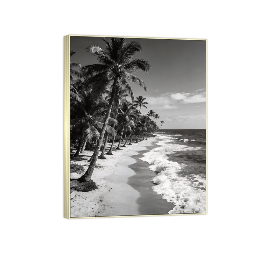 Beach Tree 2 Black White Landscape Canvas Picture 50x65cm Silver Frame