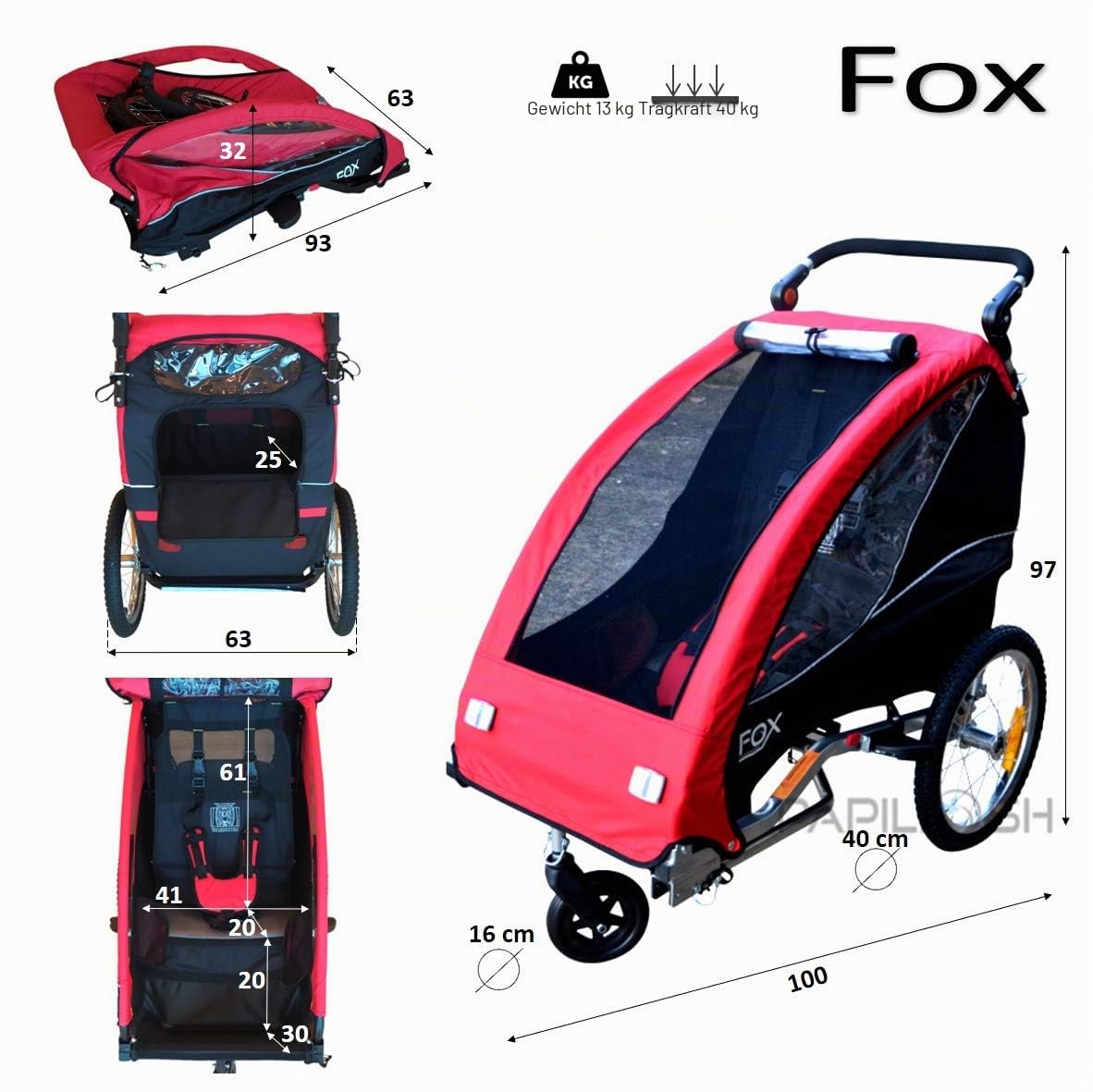PAPILIOSHOP Fox – Klappbarer Kinderwagen und Fahrradanhänger, 2-in-1 Jogger für 1 Kind, Leicht und Stabil, Ideal als Kinderanhänger