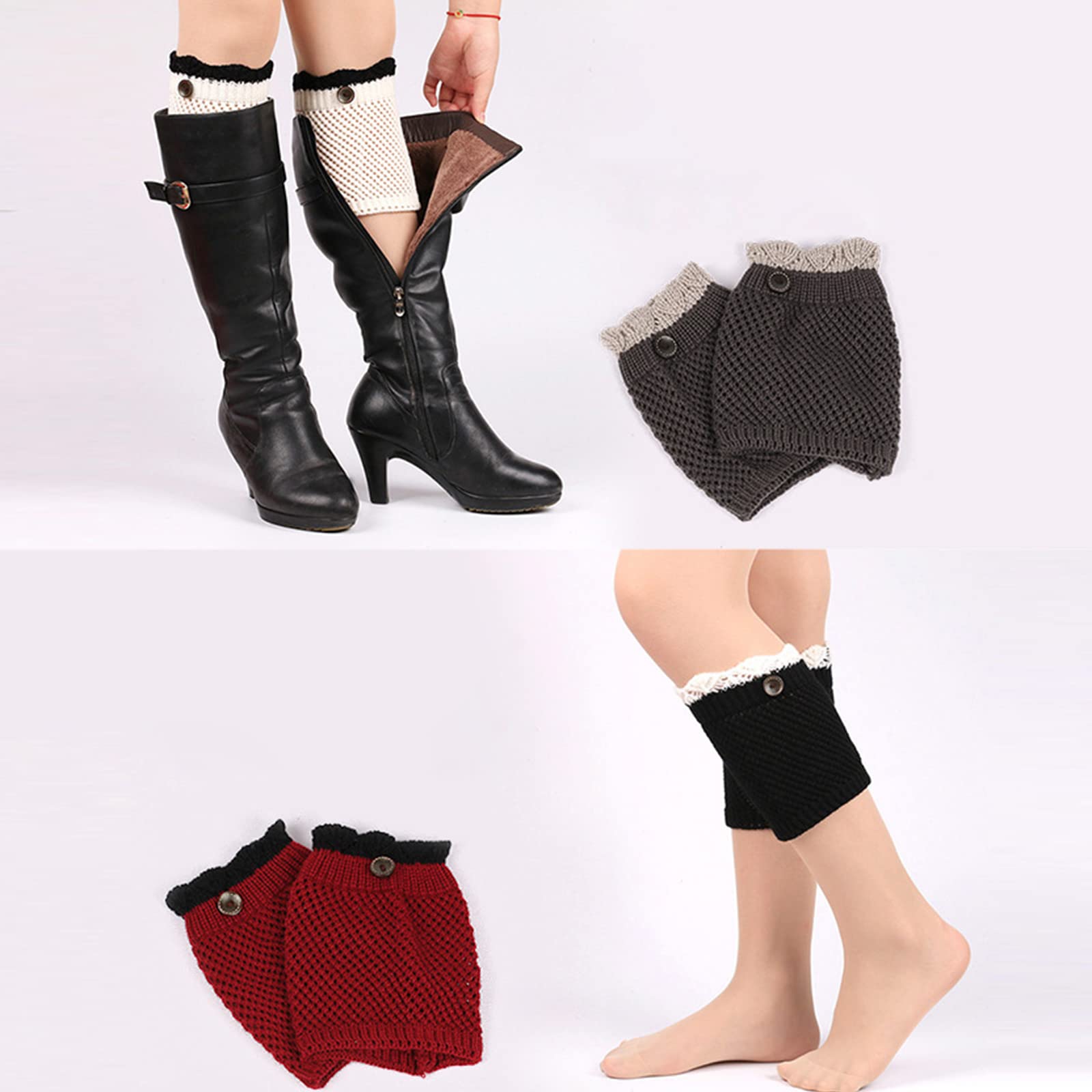 Women Crochet Knit Leg Warmers Contrast Color Ruffled Button Boot Cuffs