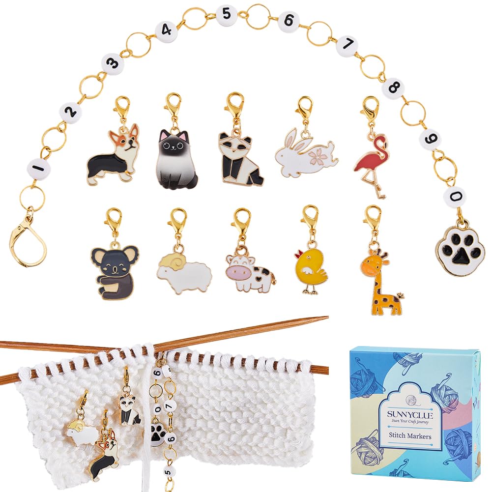SUNNYCLUE 1 Box 11Pcs Knitting Stitch Markers Locking Knitting Marker Cartoon Animals Number 0-9 Knitting Row Counter Chains Enamel Crochet Stitch Marker Set for Knitting Weaving Sewing DIY Supplies