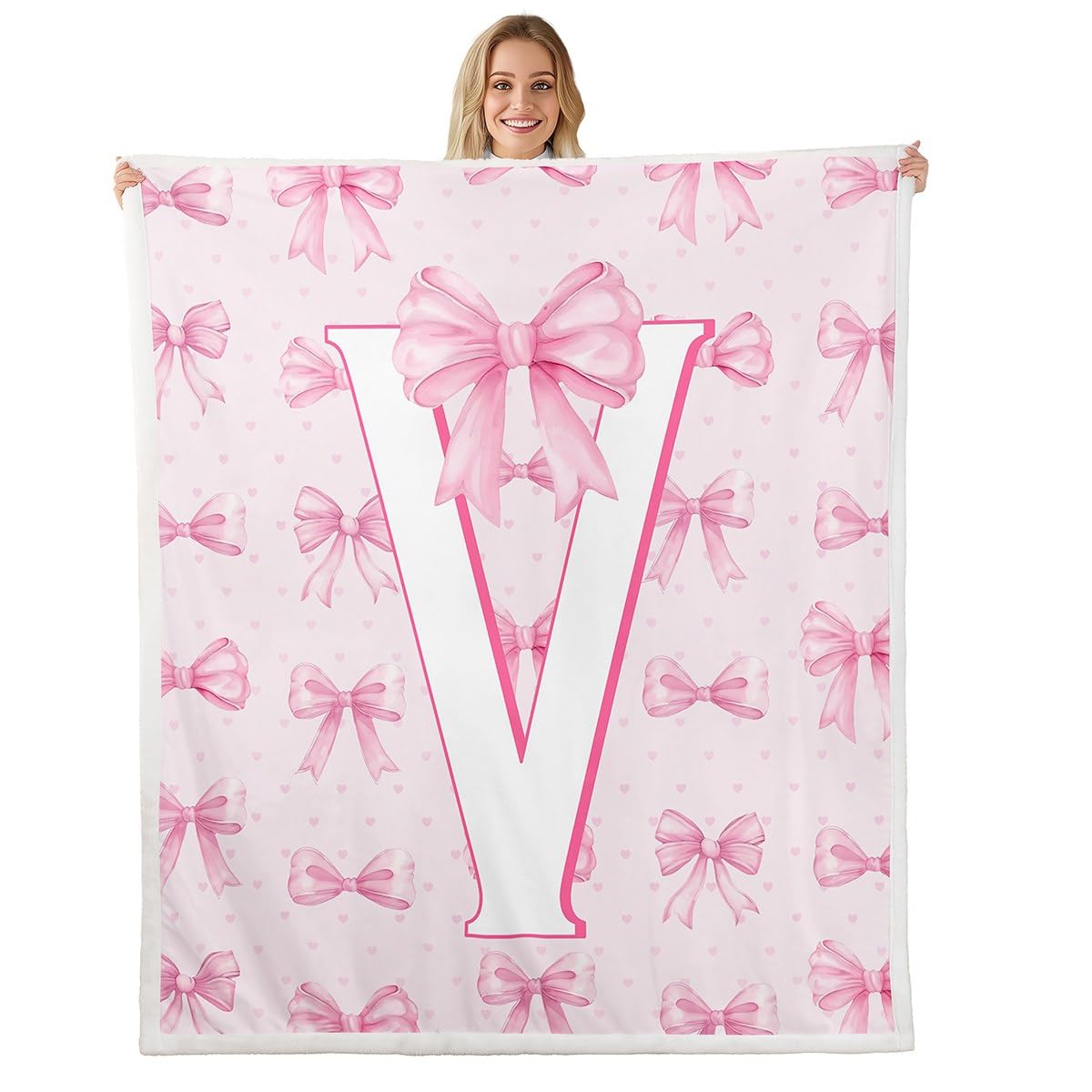 Pink Bowknot Sherpa Blanket Plush Fuzzy Initial Letter V Fleece Throw Blanket Boys Girls Bow Alphabet for Bed Couch Chair Living Room Princess Love Hearts Bedroom Decor Baby 30x40Inch
