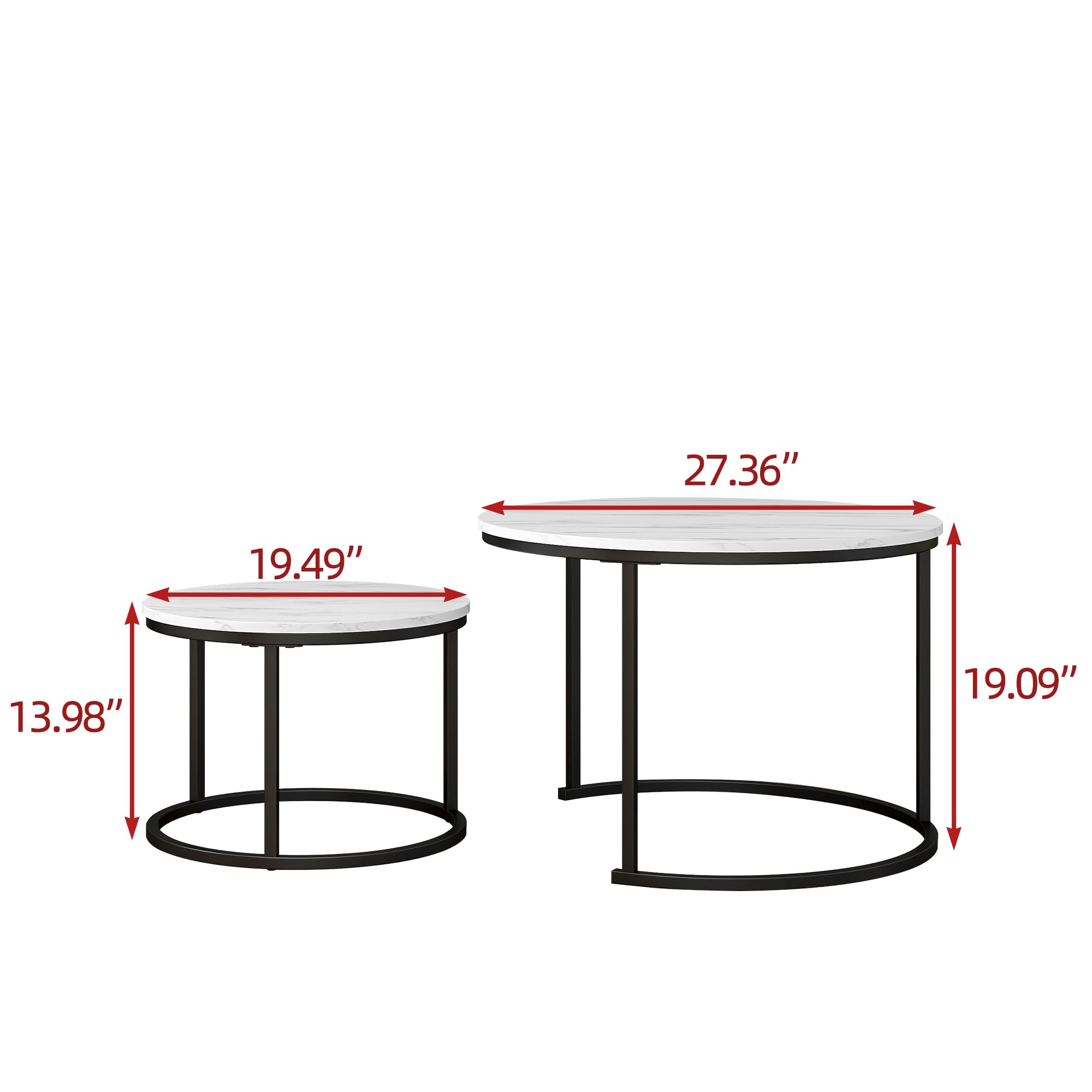 Set di 2 tavolini rotondi, in marmo bianco, per soggiorno, camera da letto, piccoli spazi, con struttura in metallo, facile da montare