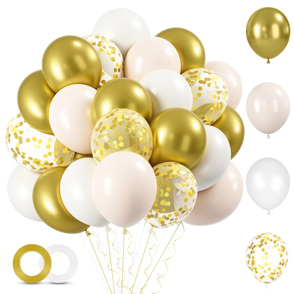Alaoo White Gold Balloons, 60Pcs 12 Inch Balloons Set with Golden Confetti Balloon, Beautiful Balloon for Graduation Birthday Wedding Party Decorations, White Gold