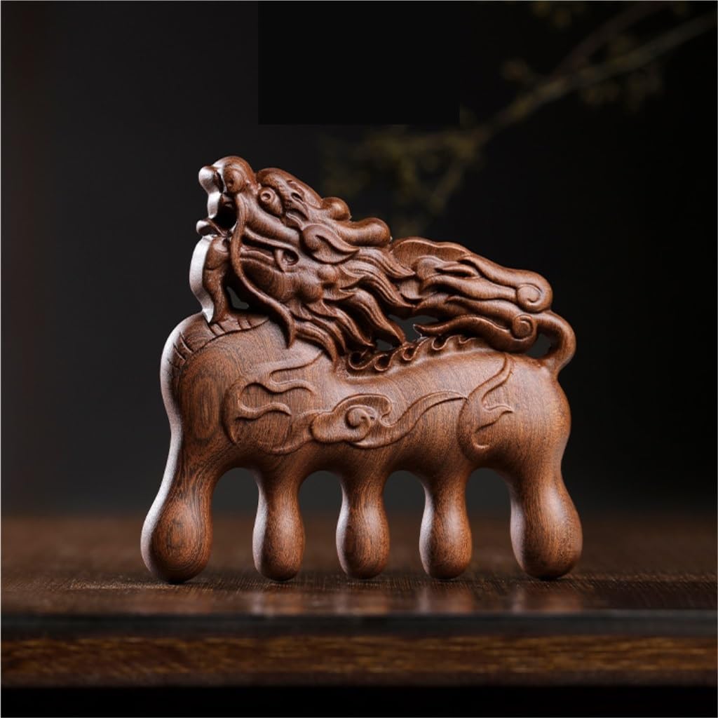 Peruka Grzebień Kirin Carved Wide-tooth Comb Five-tooth Meridian Comb Wooden Massage Comb Chinese Retro Comb Duże grzebienie do włosów