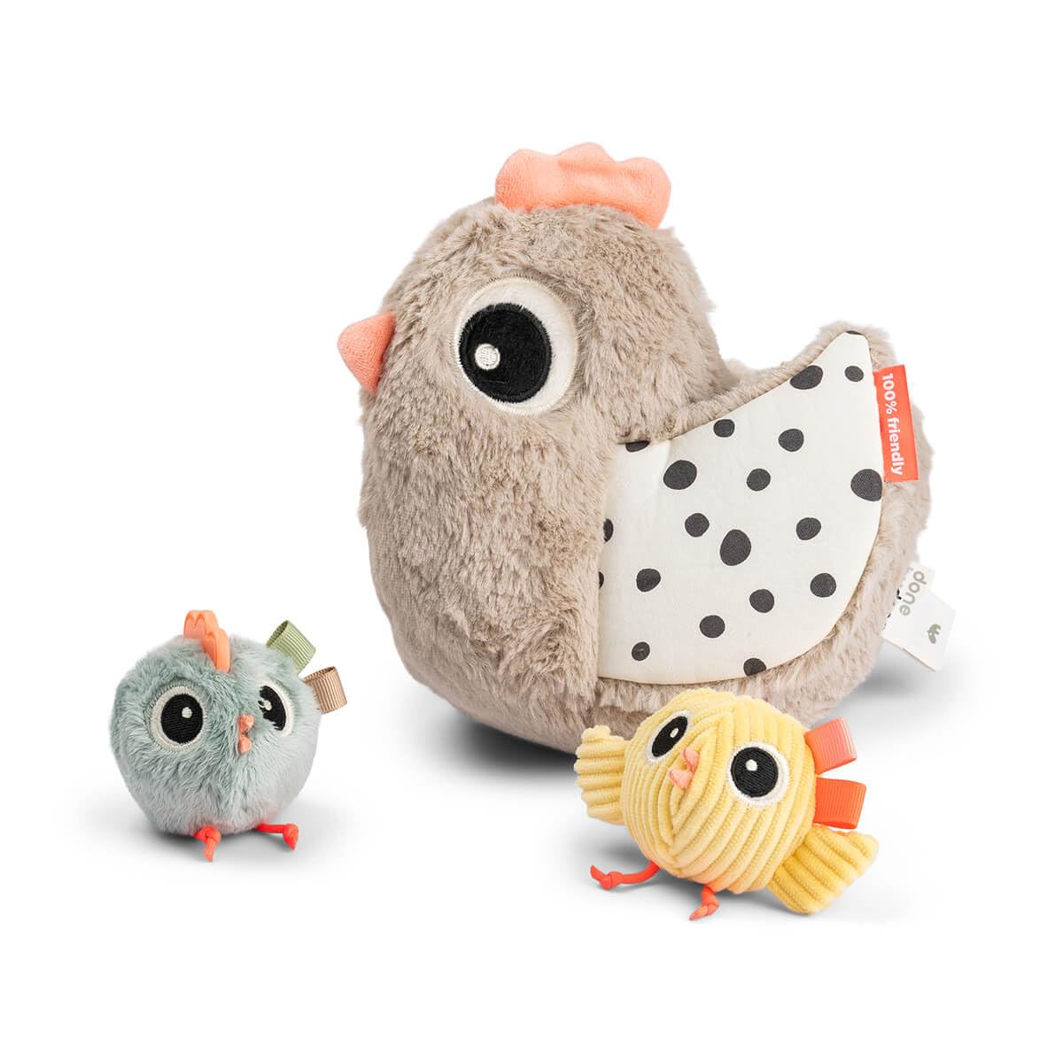 Done by Deer Juego de Ocultación y Descubrimiento – Clucky – Arena | Juego Sensorial y de Motricidad para Bebés a Partir de 6 Meses | Con Pollitos, Espejo y Mordedor | Fomenta la Motricidad Fina y la