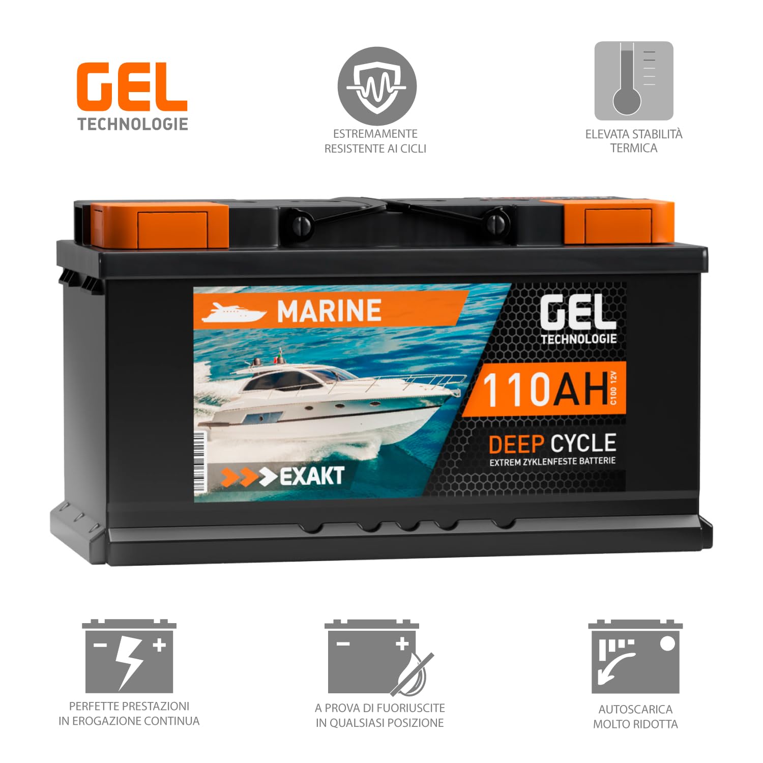 EXAKT batteria GEL 12V 110Ah barca solare camper caravan scarica lenta