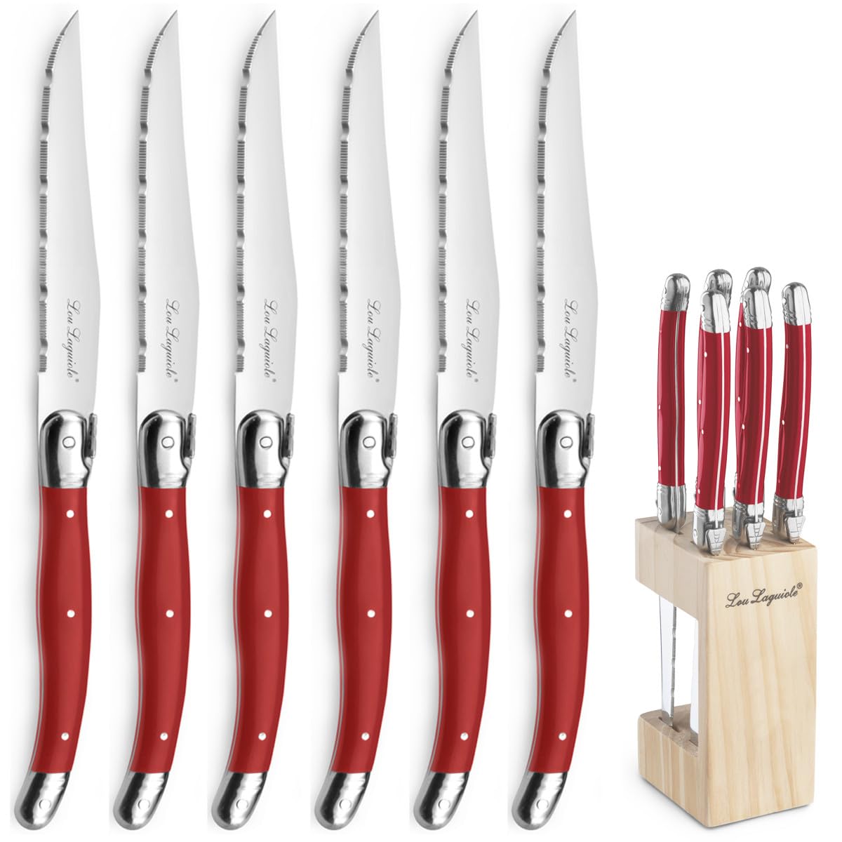 LOU LAGUIOLE - Blocco da 6 coltelli da bistecca - Tradition - Acciaio 18/0 - Finitura Brillante - Rosso