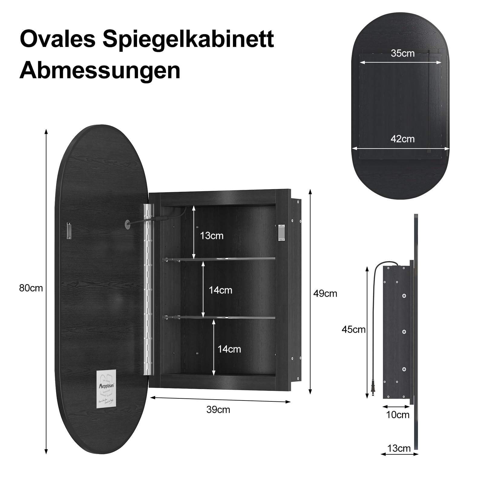 KEEPREAPER ovaler Spiegelschrank Bad mit Beleuchtung, Badschrank schwarz