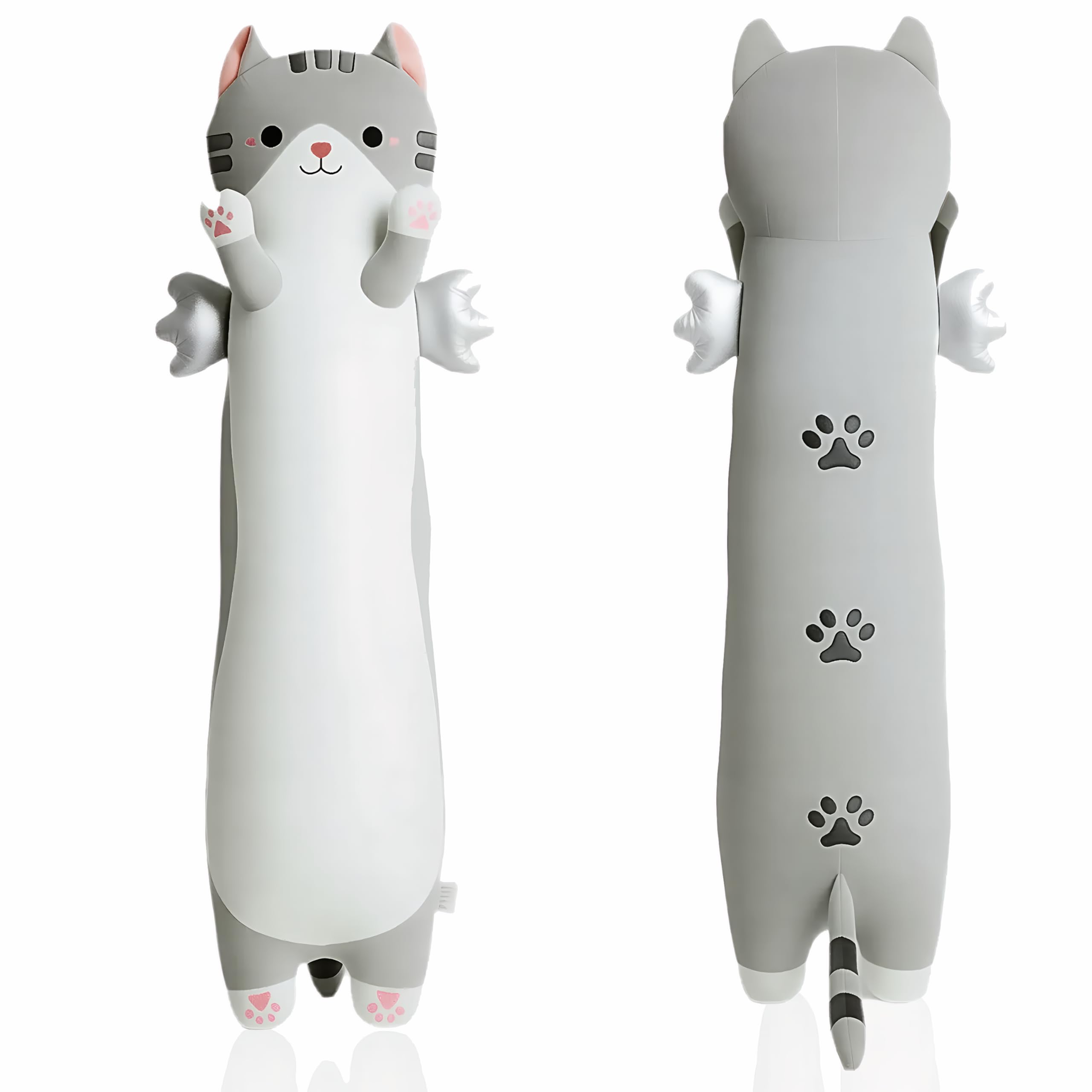ZOMAXTOY Long Cat Plush Pillow with Wings Soft Kitty Stuffed Animal Toy Giant Cuddly Kitten Cushion for Kids Adults Bedroom Decor (Gray