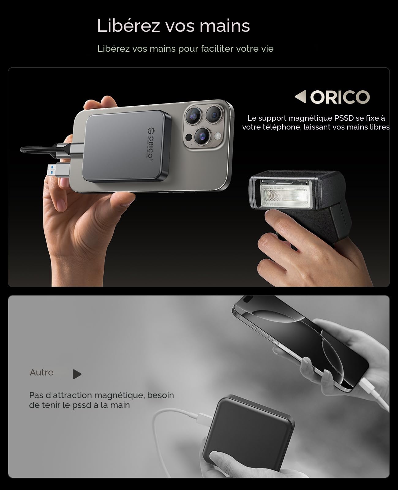 ORICO SSD Externe Portable Magnétique 256 Go USB 3.2 Gen1 460 Mo/s Compatible iPhone 16/15 Pro Max