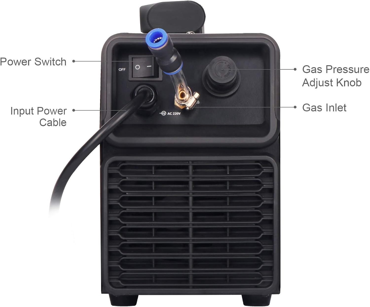 Rear panel of ANDELI CT-520DPL showing power switch, input cable, gas inlet, and pressure knob
