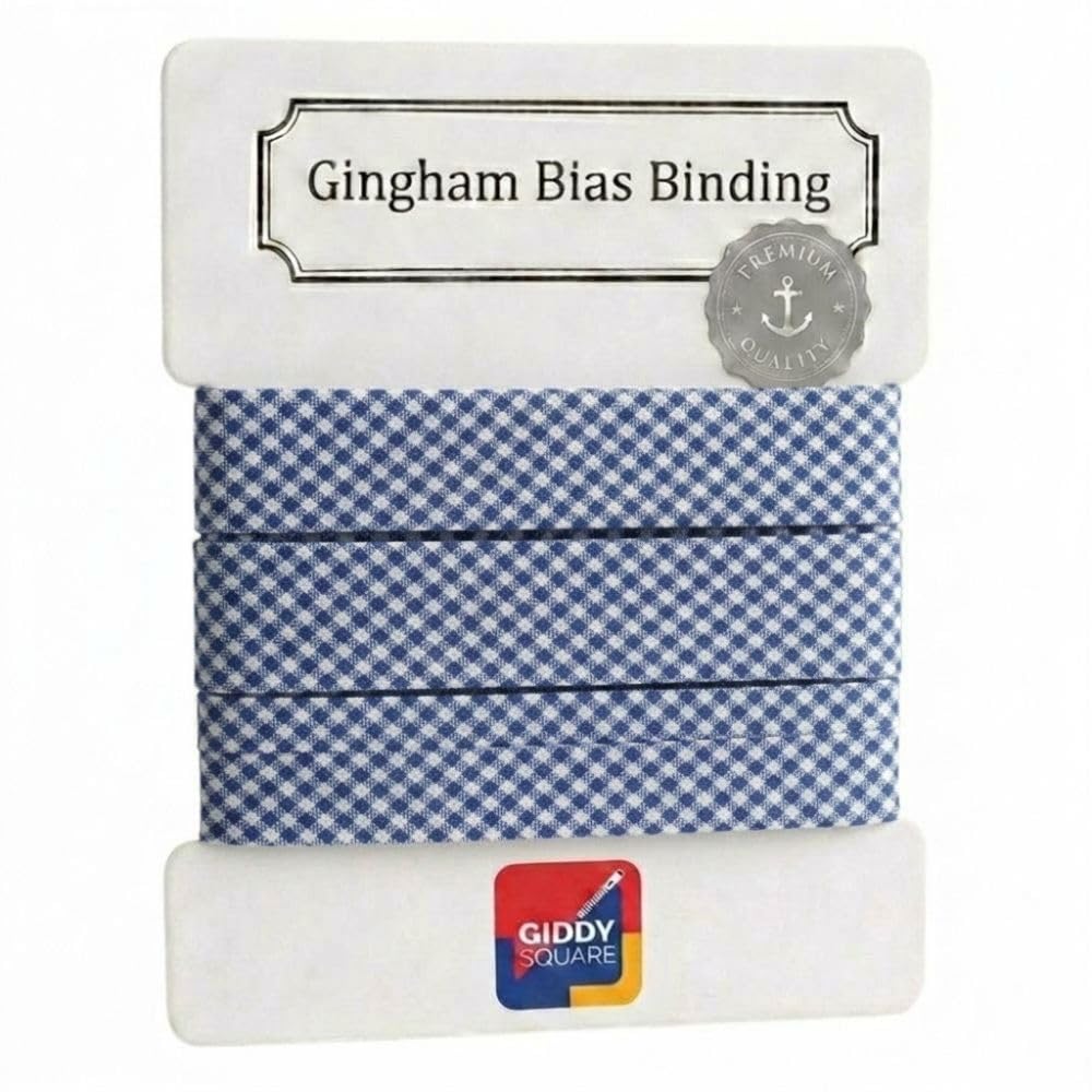 Premium Yarn Dyed Polycotton Gingham Bias Binding Tape 20mm Navy Blue Small Gingham 3m - Strong Smooth Hardwearing Woven Check Trim for Quiting & Garment Edging- Machine Washable - Giddy Square
