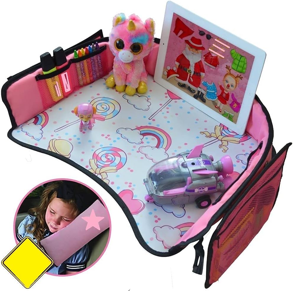 Kids Travel Tray for Girls -Toddler Car Seat Travel Play Tray with Reinforced Solid Surface,Sturdy Side Walls and Removal Mesh Pockets Seatbelt Pillow,Car Sticker,Perfect for car & plane rides Autozon