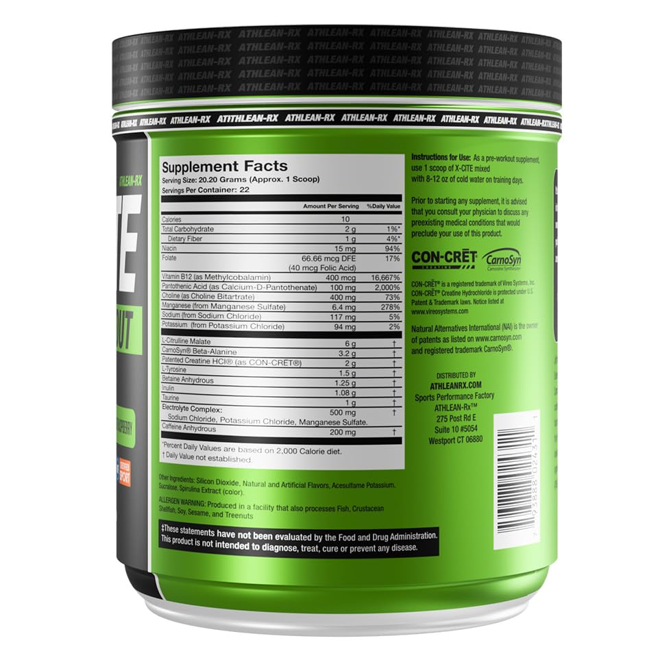 Image of X-CITE Pre-Workout by ATHLEAN-X - Enhanced Formula with Beta-Alanine, Creatine & Caffeine for Ultimate Energy, Endurance, Focus & Muscle Pump, NSF Certified for Sports (Sour Blue Raspberry)