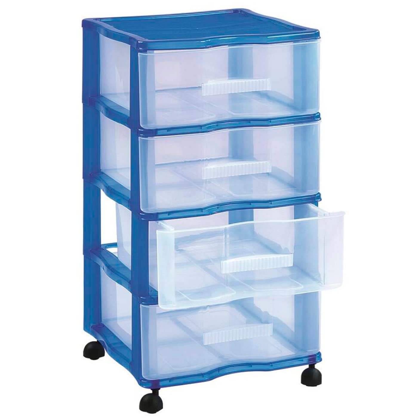 Tradineur - Cassettiere modello Wagon - Realizzato in plastica - Ruote Incluse - 4 cassetti - 67,5 x 37 x 39 cm - Colore blu - Cassetti trasparenti