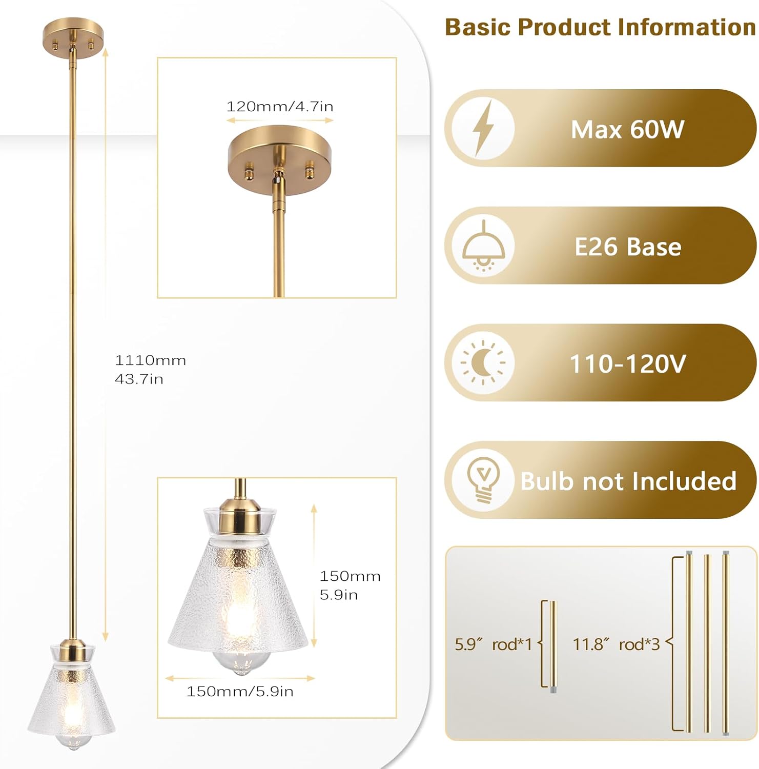 Finktonglan Gold Pendant Lights Kitchen Island, Modern Kitchen Island Lights Ceiling Lighting Fixtures with Glass Adjustable Dining Room Hanging Light, E26