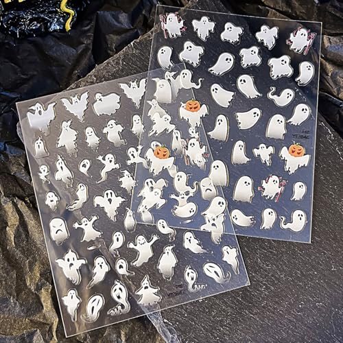 Halloween Ghost Nail Stickers - 3D White Ghost Nail Decals for Women & Girls | Self-Adhesive Spooky Nail Art Stickers | Waterproof & Tear-Resistant Halloween Nail Design for Party,DIY Manicure 2PCS