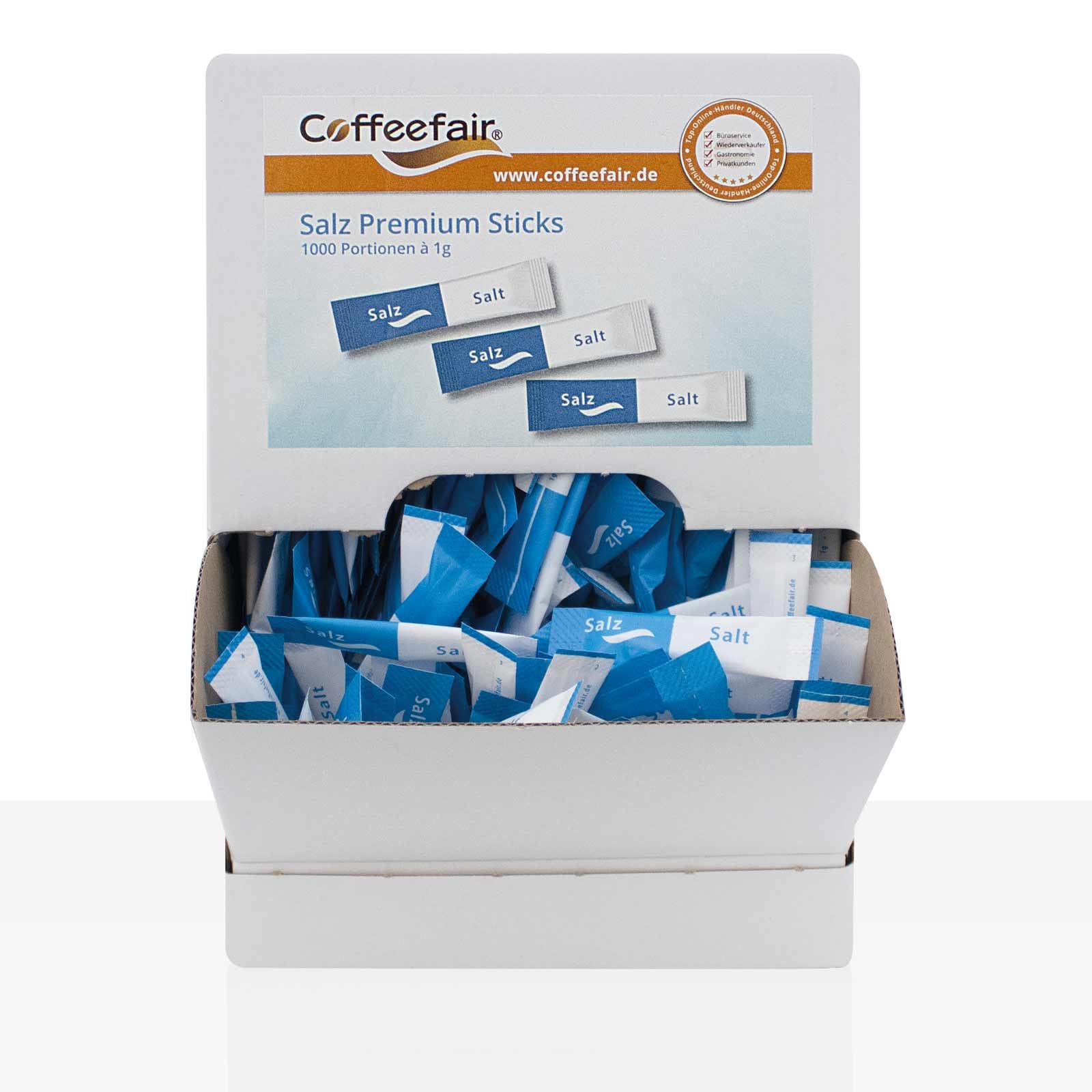 Coffeefair Premium Salzsticks 1000 x 1g Salz, Portionssalz einzeln verpackt, im praktischen Thekenspender, ideal für Gastronomie & Büro