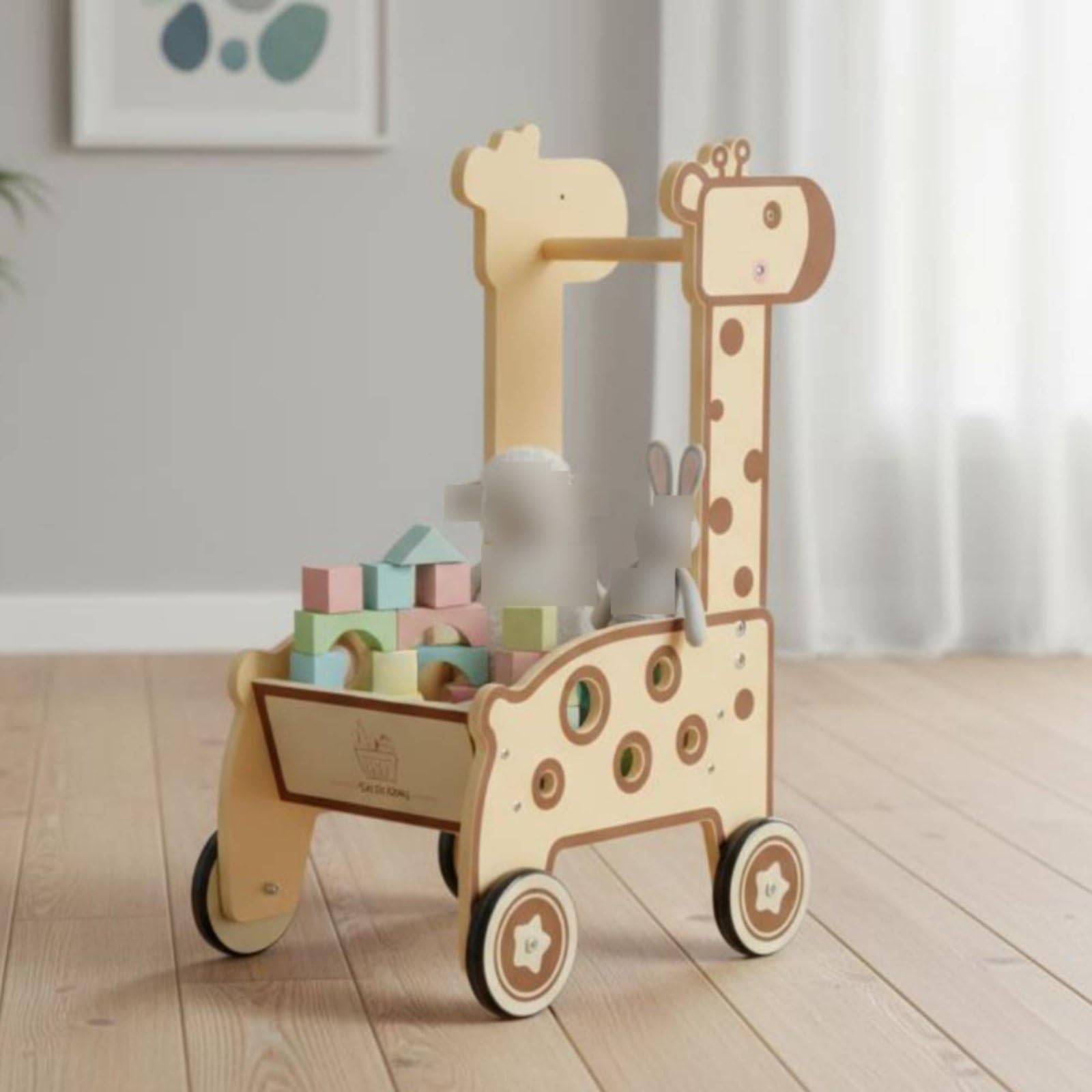 Colcolo Kinder Lernwagen Holz Tier Schiebewagen Einkaufswagen Spielzeug Laufhilfe Einstellbarer Griff Großer Stauraum für Rollenspiel Und Lernphasen Fördert