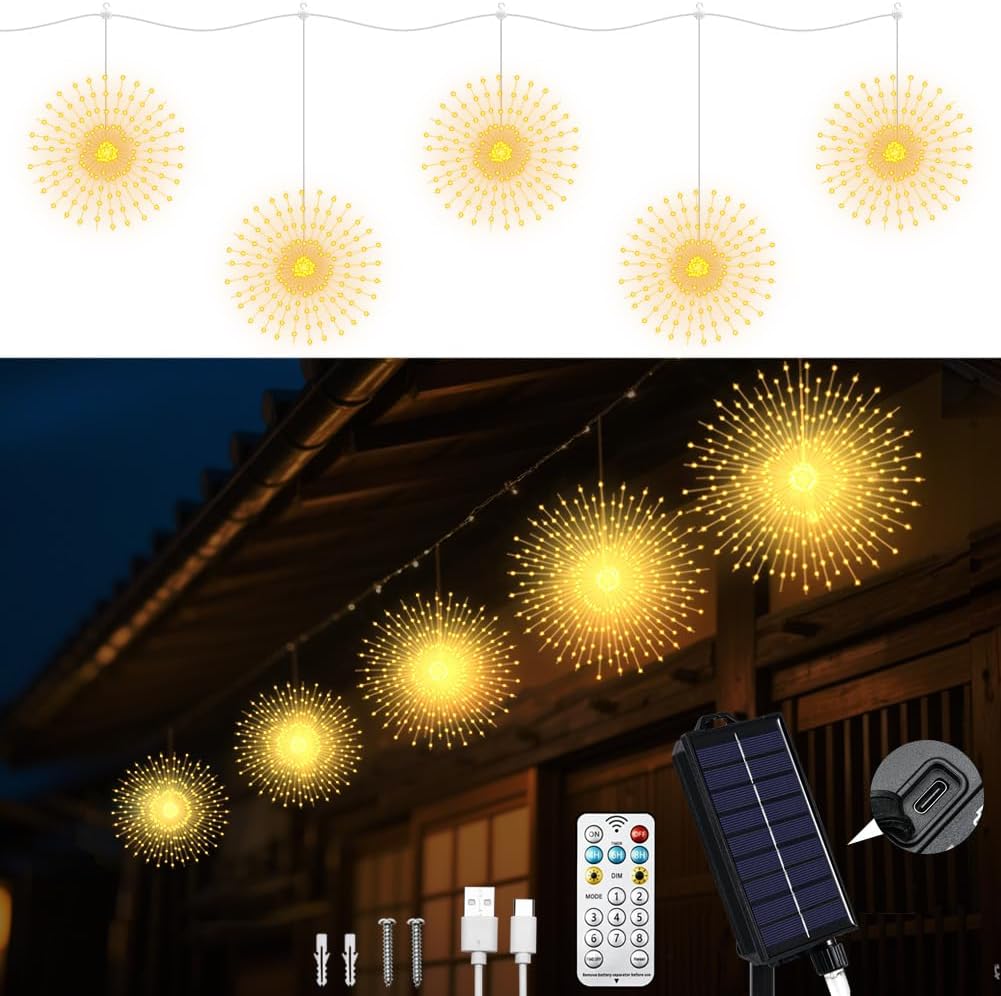 Solar Firework Lights Outdoor,5Pack 1000LED 8 Modes Solar Hanging Firework Fairy String Lights Remote with USB Rechargerable for Garden Gazebo Porch Wedding christmas Party Decor(Warm White)