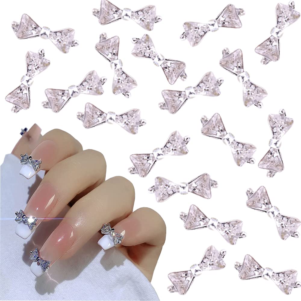 3D Bows Nail Charms ,20 Pieces Bowknots Charms for Acrylic Nails Nail Art Accessories Nail DIY Craft (Silver)