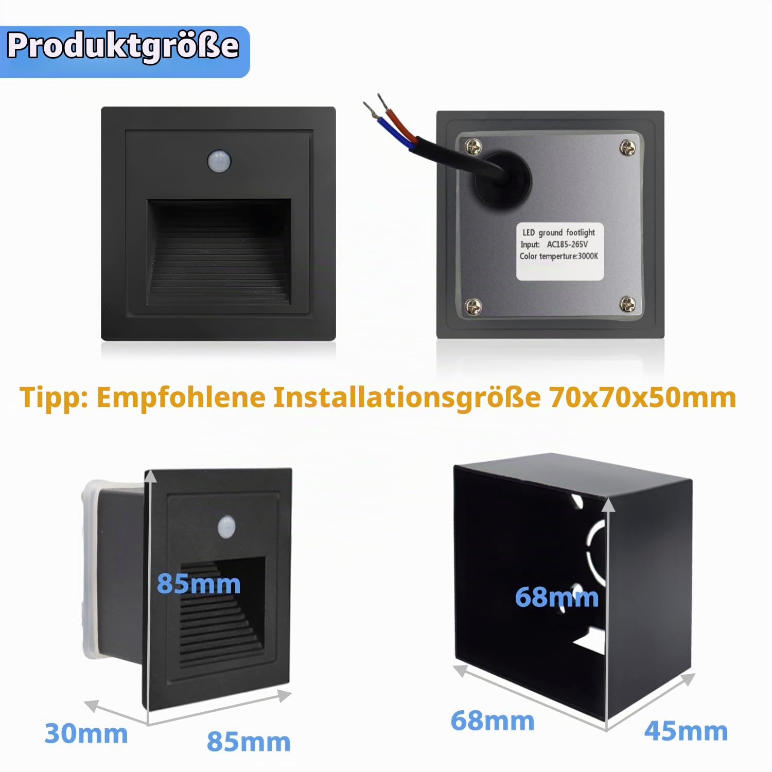 Arotelicht 8er 3W LED Treppenlicht mit Bewegungsmelder 3000K IP44 Wandeinbaustrahler Stufenlicht Lampe, LED Einbaustrahler innen, schwarz, Alu, 230V, Body Sensor, Nicht die Standardgröße 60mm | Warmweiß Alu Wandeinbaustrahler Stufenlicht Inkl. Unterputzdo